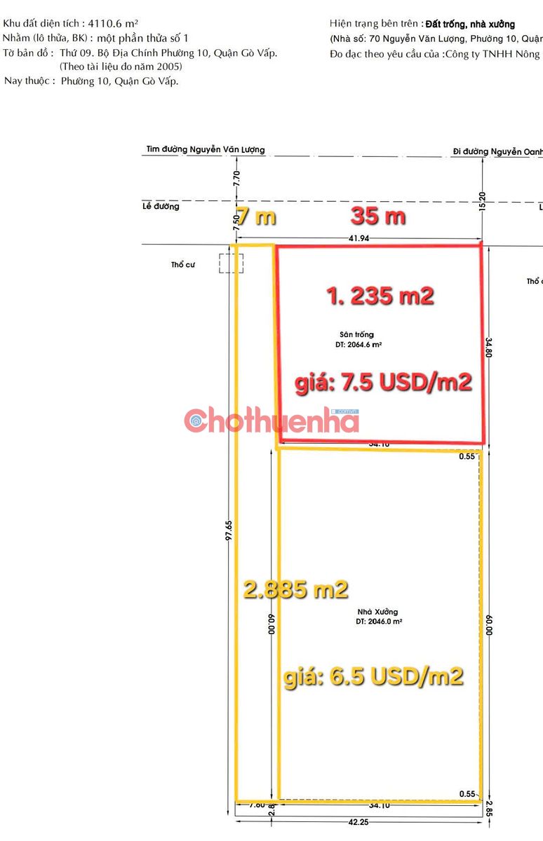 CHO THUÊ ĐẤT MẶT TIỀN 70 NGUYỄN VĂN LƯỢNG, PHƯỜNG 10, GÒ VẤP, DTSD : 1235m2